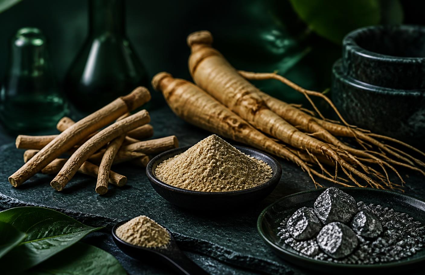 Ginseng, Maca-Pulver und Mineralstoffe auf dunklem Schiefer